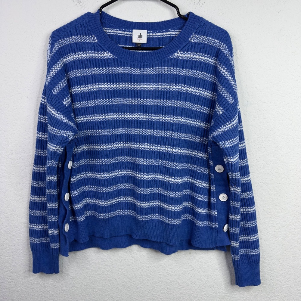 Cabi Sweater Womens M Blue White Striped‎ Button Coastal Preppy Nautical Classic